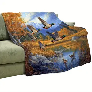 [Lightweight Design] Cozy Watercolor Mallard Duck Fleece Blanket – Soft, Warm Flannel Throw with Autumn Hunting Theme, Maple Leaves & Ducks Design, Perfect for Bed, Couch, or Sofa – 280GSM, Lightweight & Plush for All Seasons, Plush Blanket