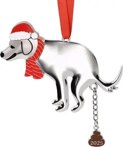 2025 Dog Ornament for Christmas Tree Metal Naughty Xmas Gift for Adults with Red Scarf and Poop Charm