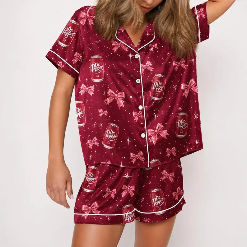 Dr Pepper Pajamas, Soda Lover Pajamas, Coquette Pajama Set, Button Down Pajamas, Foodie Gift for Her, Cute Lounge Set, Soda Can Pajamas.
