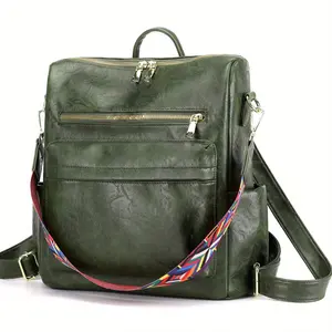 Women's Stylish Green Synthetic Leather Convertible Backpack Purse - Multipurpose Satchel with Adjustable Strap, Hidden Anti-Theft Zipper Pocket & Side Accessories
