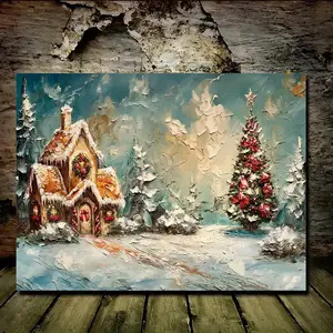 1 Piece Christmas Gingerbread House Wall Art - Woven Canvas Painting with Wooden Frame, Waterproof Winter Village Scene with Snow, Red and Gold Gingerbread House and Evergreen Trees - Festive Home Decoration Suitable for Living Room, Christmas, Anniversar