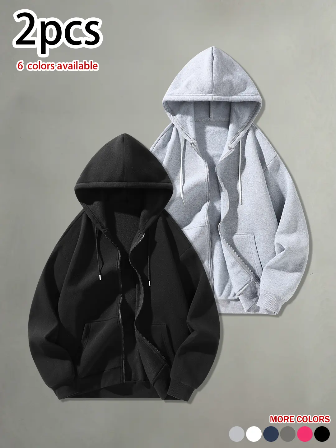 Available in packs of 2 or 1. Men’s casual hooded zip sweatshirt cardigan for spring and autumn, loose fit, minimalist basic design, comfortable and skin-friendly. Everyday trendy, versatile athletic/fitness zip hoodie.