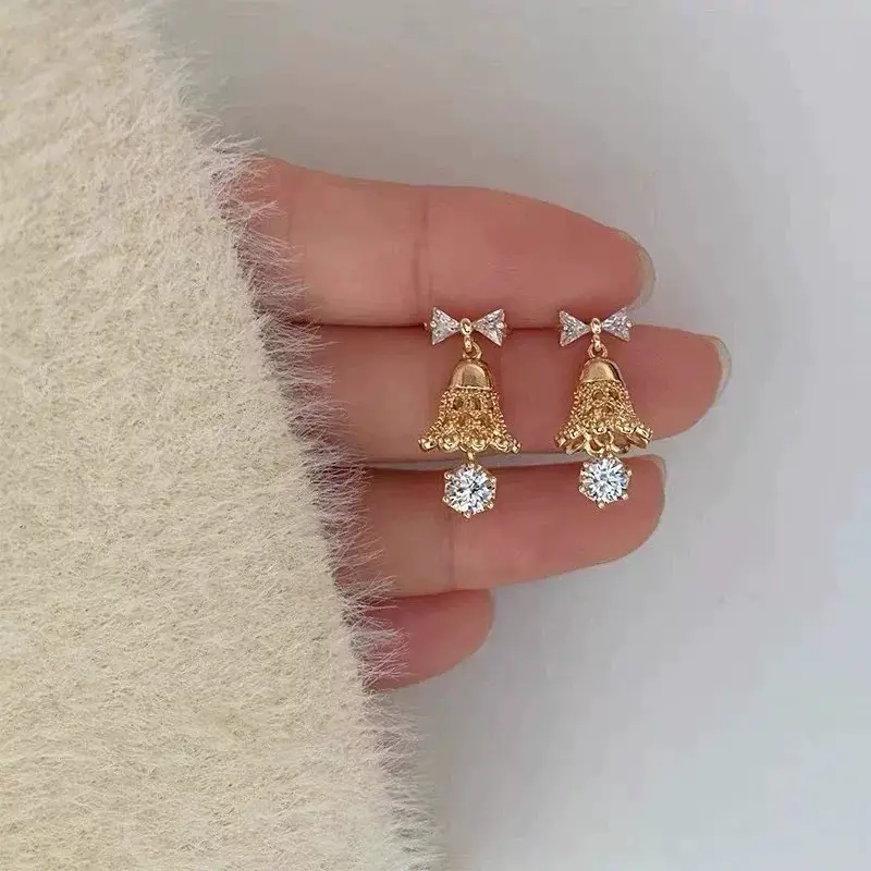Gold Christmas Bell Stud Earrings | Sparkly Holiday Earrings with Bow & Crystal Drop |  Festive Jewelry