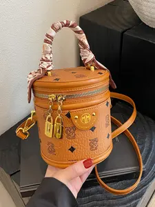 Women's Printed Cylindrical Crossbody Bag, Elegant PU Leather Shoulder Bag, Adjustable Strap, All Seasons, Vintage Fashion, Shopping Style