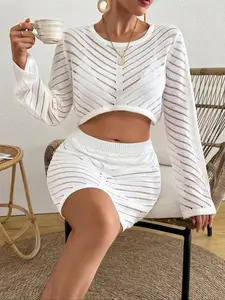 Women's Solid Color Sweater & Skirt Two-piece Set, Elegant Fashion Casual Outfits for Daily Outdoor Wear, Women Clothing for Summer, Suits