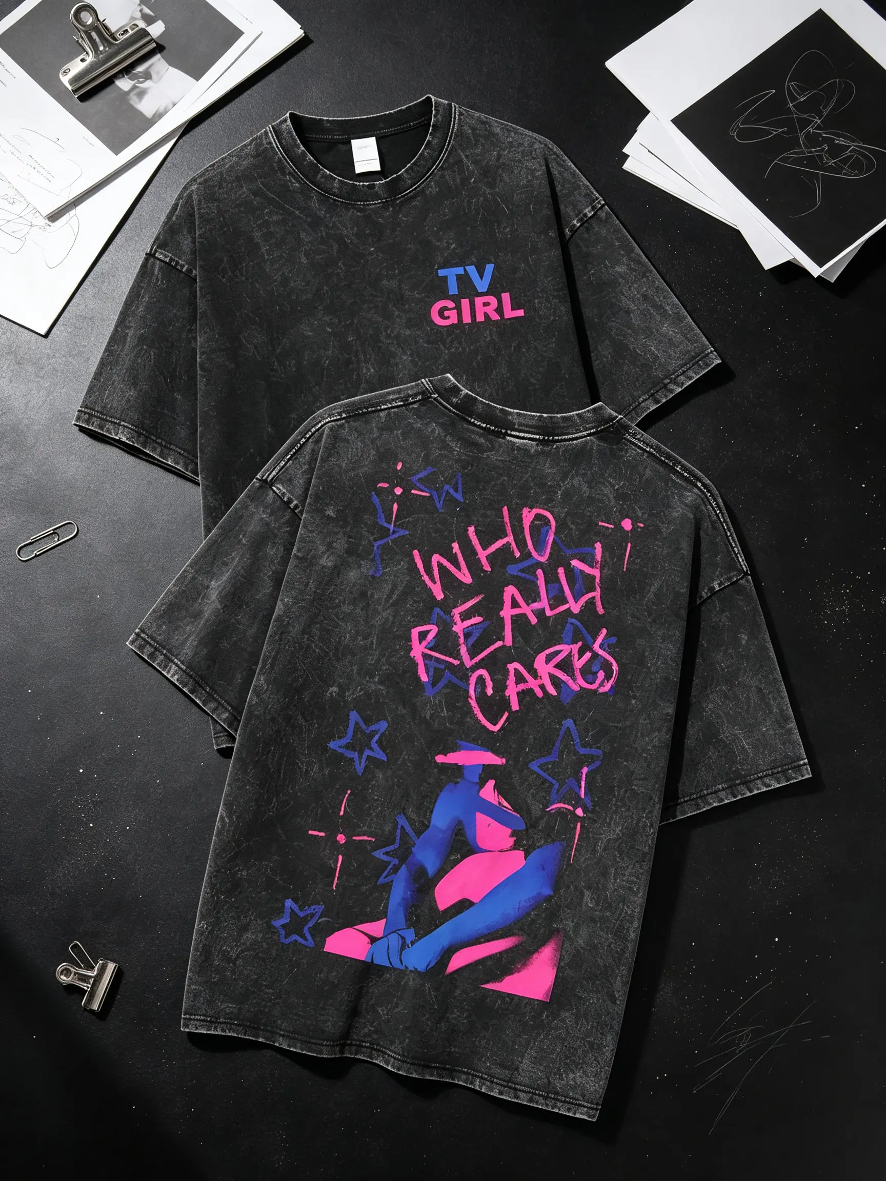TV Girl Who Really Cares Graphic Tee, Indie Pop Band Tour Shirt, Vaporwave Aesthetic Streetwear, Washed Black Unisex Music Fan T-Shirt Fit Vintage tiktokshopspringglowup,summervibes outdoorfun,funny graphic tee, men’s trendy t-shirts,