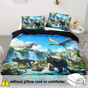 Jurassic Dinosaur Print Bedding Set, Soft Comfortable Fabric, Zipper Design, 3 Piece (1 Fitted Sheet + 2 Pillowcases)