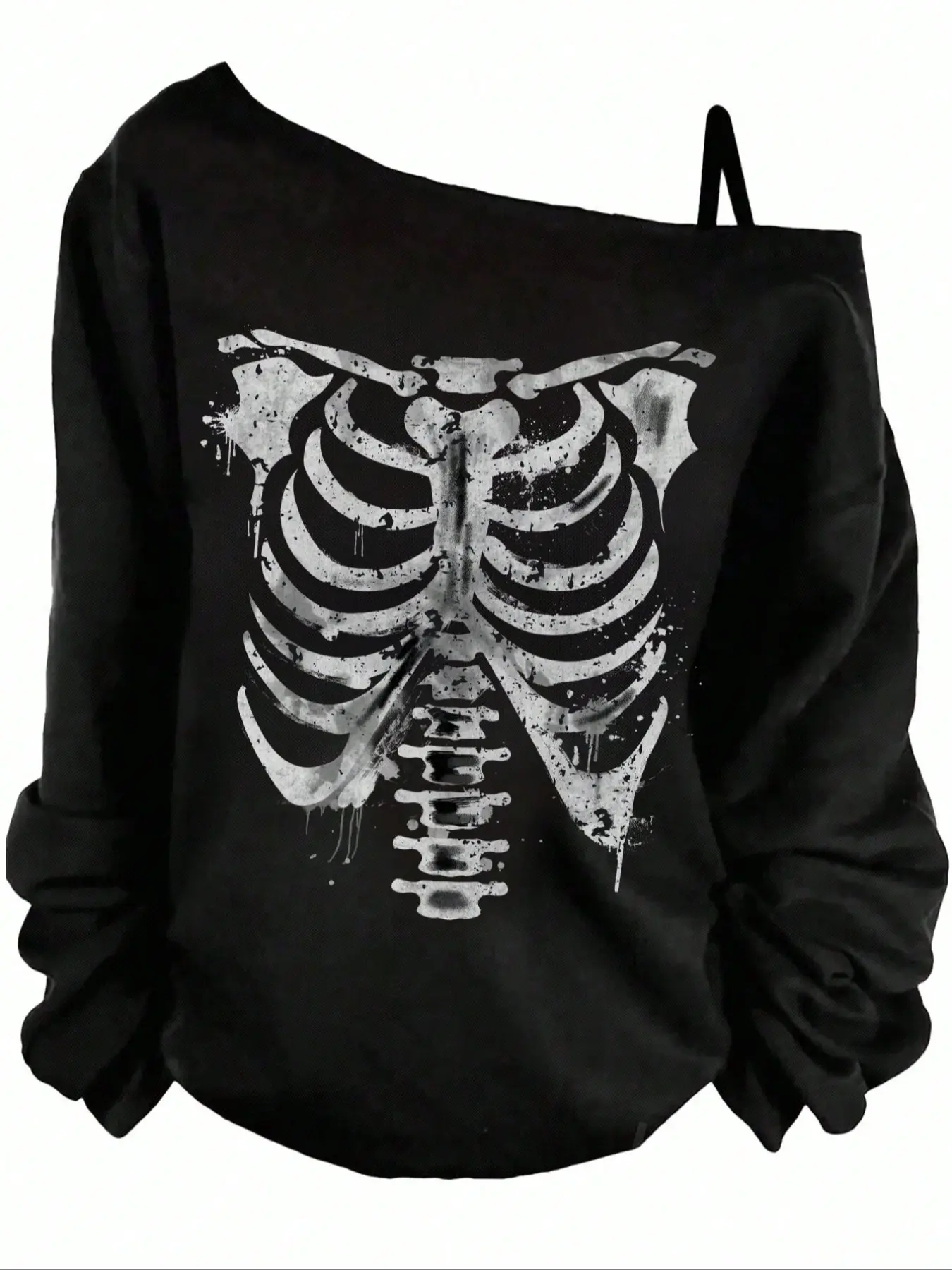 Women's Skull Print Asymmetrical Spaghetti Strap Off-Shoulder Long Sleeve Set, Y2K Style Adjustable Straps, Fitted Casual Fashion for Daily Wear Tops, Womenswear
