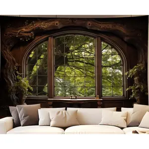 QGHOT Forest Window Tapestry, Nature Outdoor Tapestry Wall Hanging Woodland Scene Large Wall Mural for Bedroom Living Room Office Decor 78.7" L x 104" W