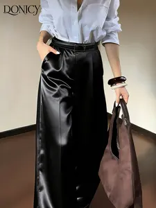Women's Wide-Leg Pants, Flowy Fabric, High-Waisted Straight Leg, Multi-Functional for Office & Casual Wear, All Seasons, Button