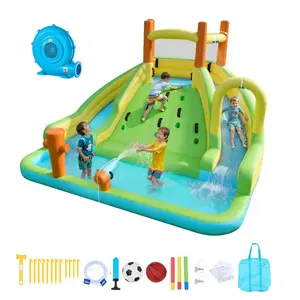 Inflatable Bounce House, 13.3x11.4x8.4 ft Water Slide Bouncer Castle with Climbing Wall, Double Tall Slides, Splash Pool, Mini Soccer, for 3-4 Kids Ages 3-8, Water Slides