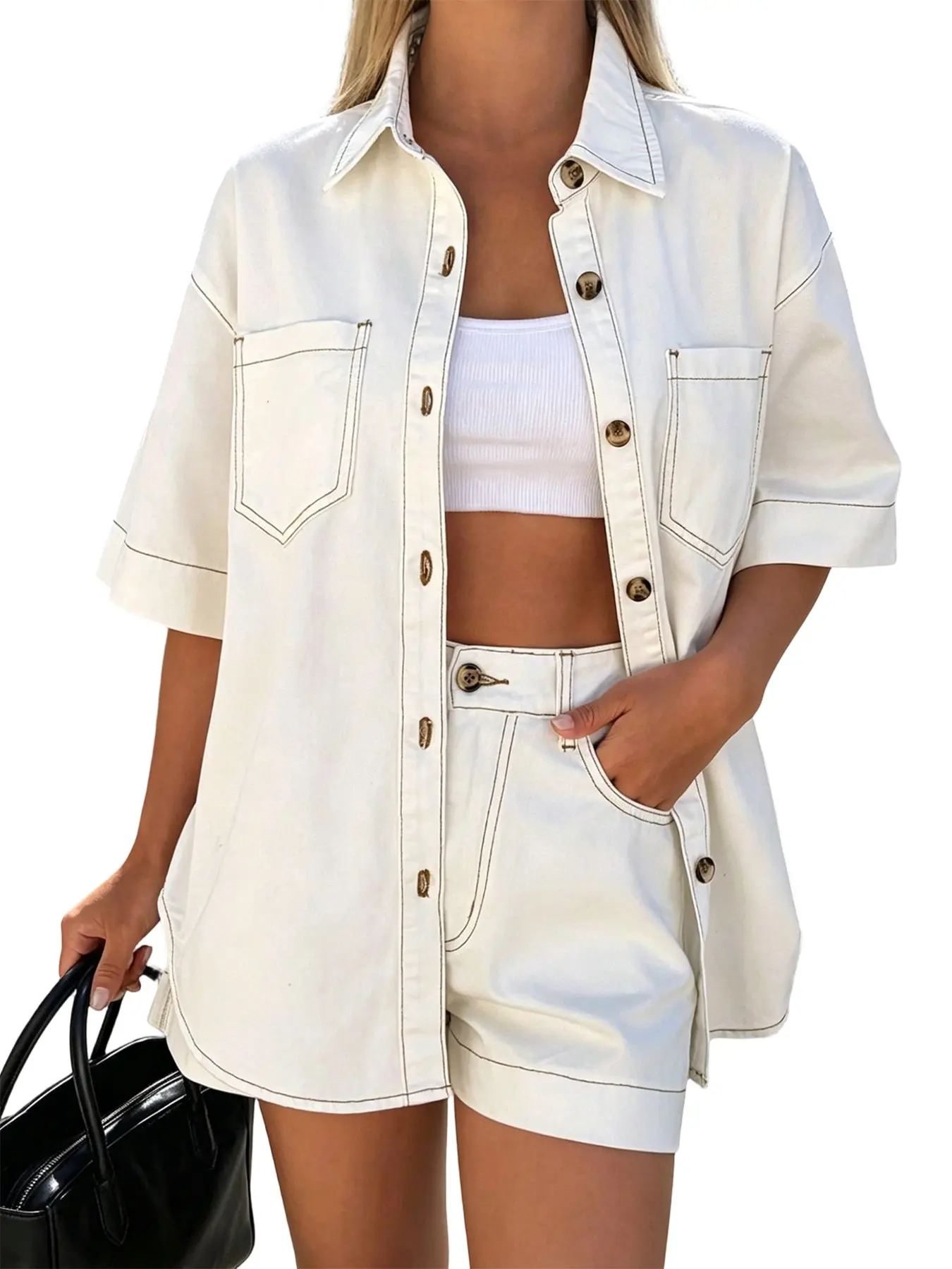 Women's Denim Two-Piece Set, Short Sleeve Shirt And High Waist Straight Leg Shorts, Loose Fit Casual Summer for Beach and Streetwear Clothes