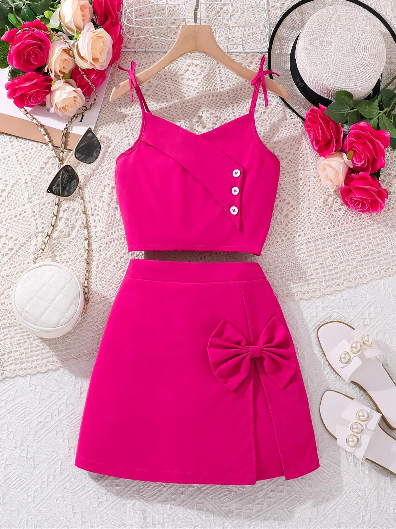 Two-piece Set Girl's Solid Cami Top & Skirt Set, Casual Sleeveless Top & Bow Decor Skirt for Summer, Kids Clothes for Daily Wear