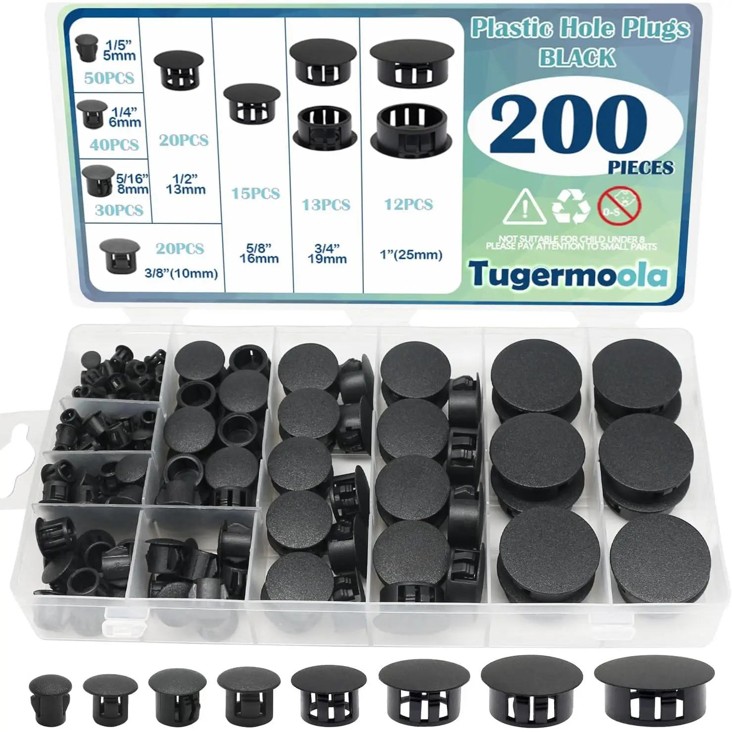 200PCS 8 Sizes Plastic Hole Plugs Black Plastic Plugs for Round Holes Filler Door Screw Hole Plugs 1/5" 1/4" 5/16" 3/8" 1/2" 5/8" 3/4" 1" Black