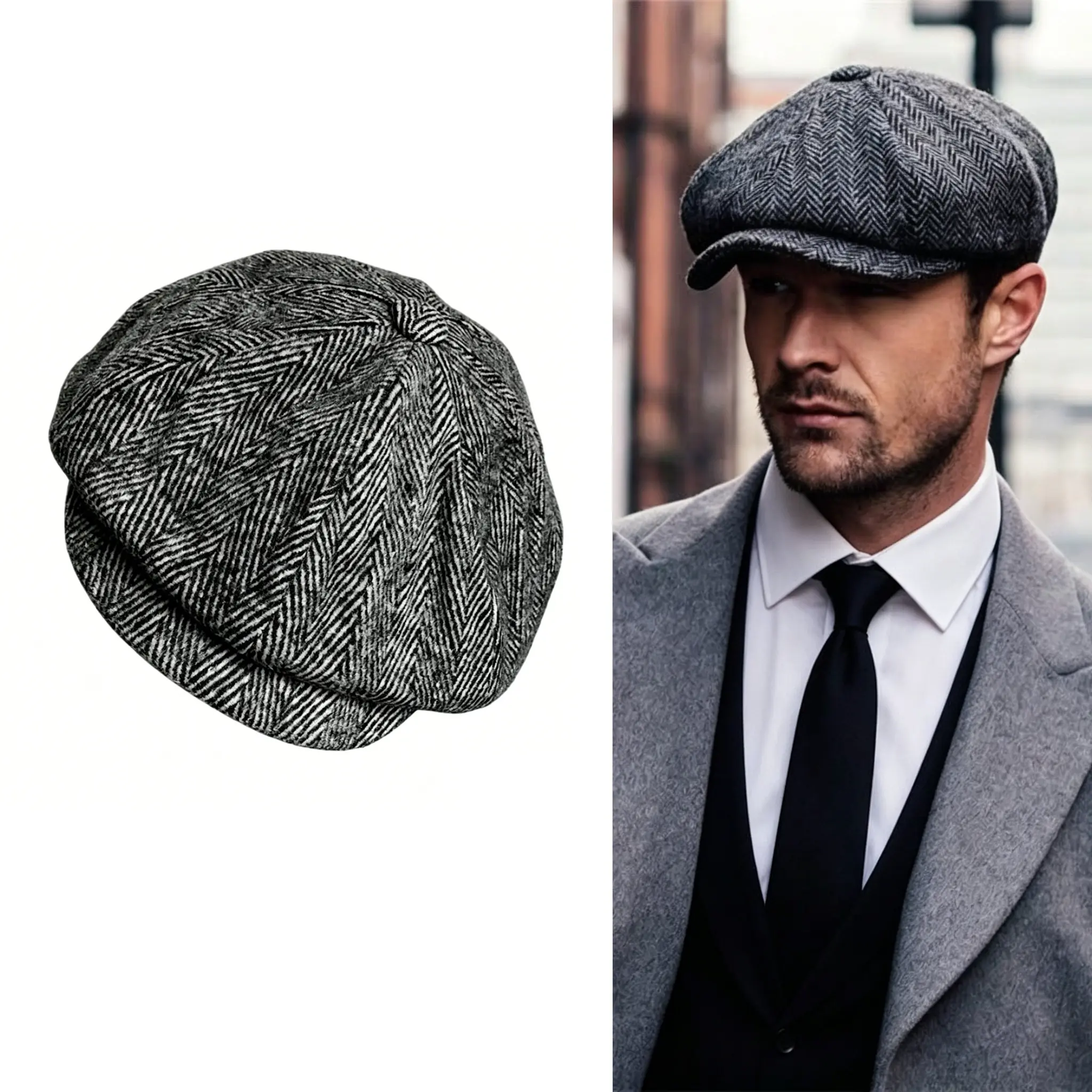 Vintage Herringbone Tweed Newsboy Cap, Dark Grey Elastic Three-Dimensional Tailored Ivy Cap, a British Eight-Panel Hat That Can Be Paired with Both Casual and Formal Attire.