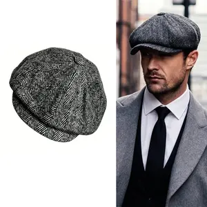 Vintage Herringbone Tweed Newsboy Cap, Dark Grey Elastic Three-Dimensional Tailored Ivy Cap, a British Eight-Panel Hat That Can Be Paired with Both Casual and Formal Attire.