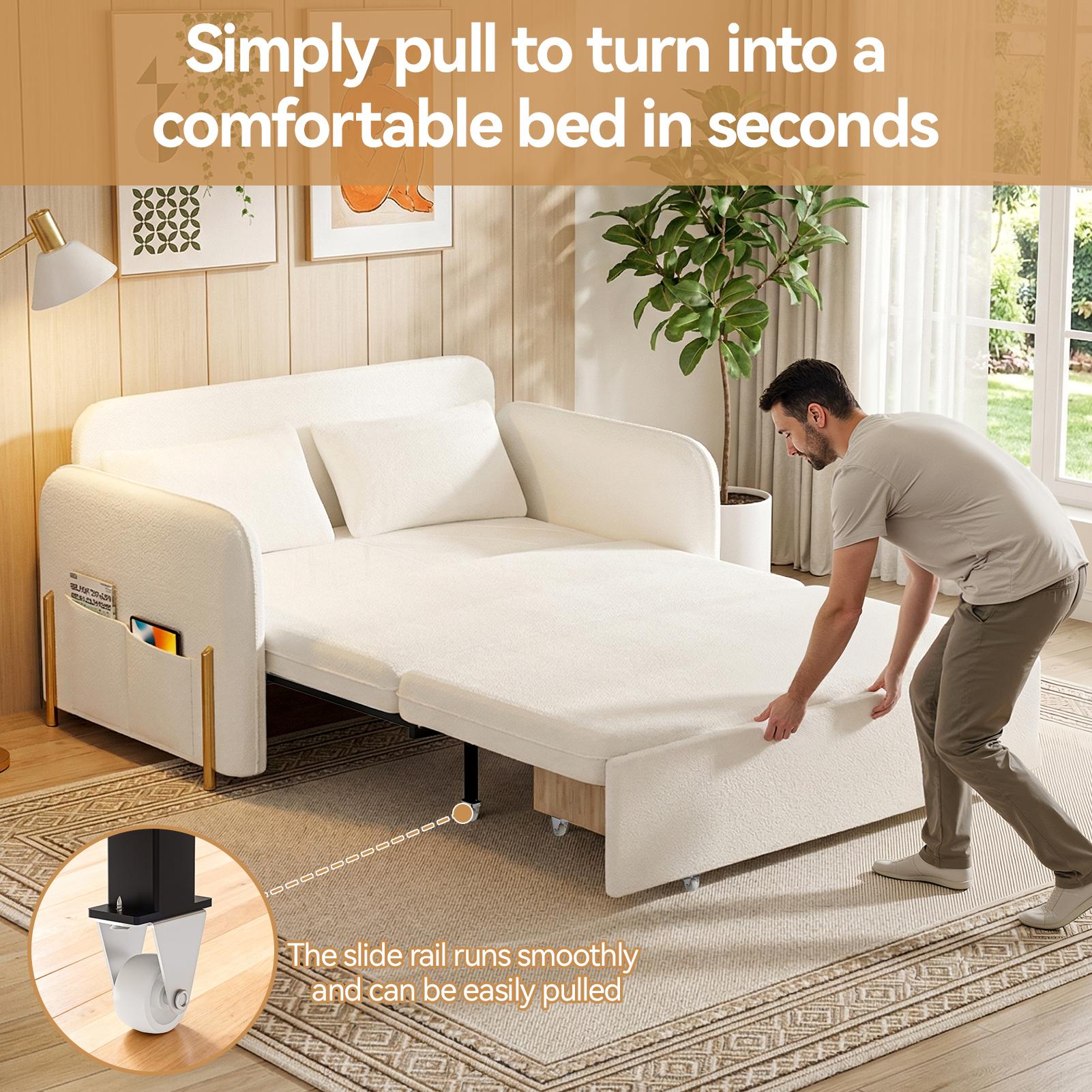 Explorinox 3-in-1 Convertible Sofa Bed Boucle Loveseat Sleeper with Storage Drawer Side Pockets USB Ports Gold Metal Legs for Living Room