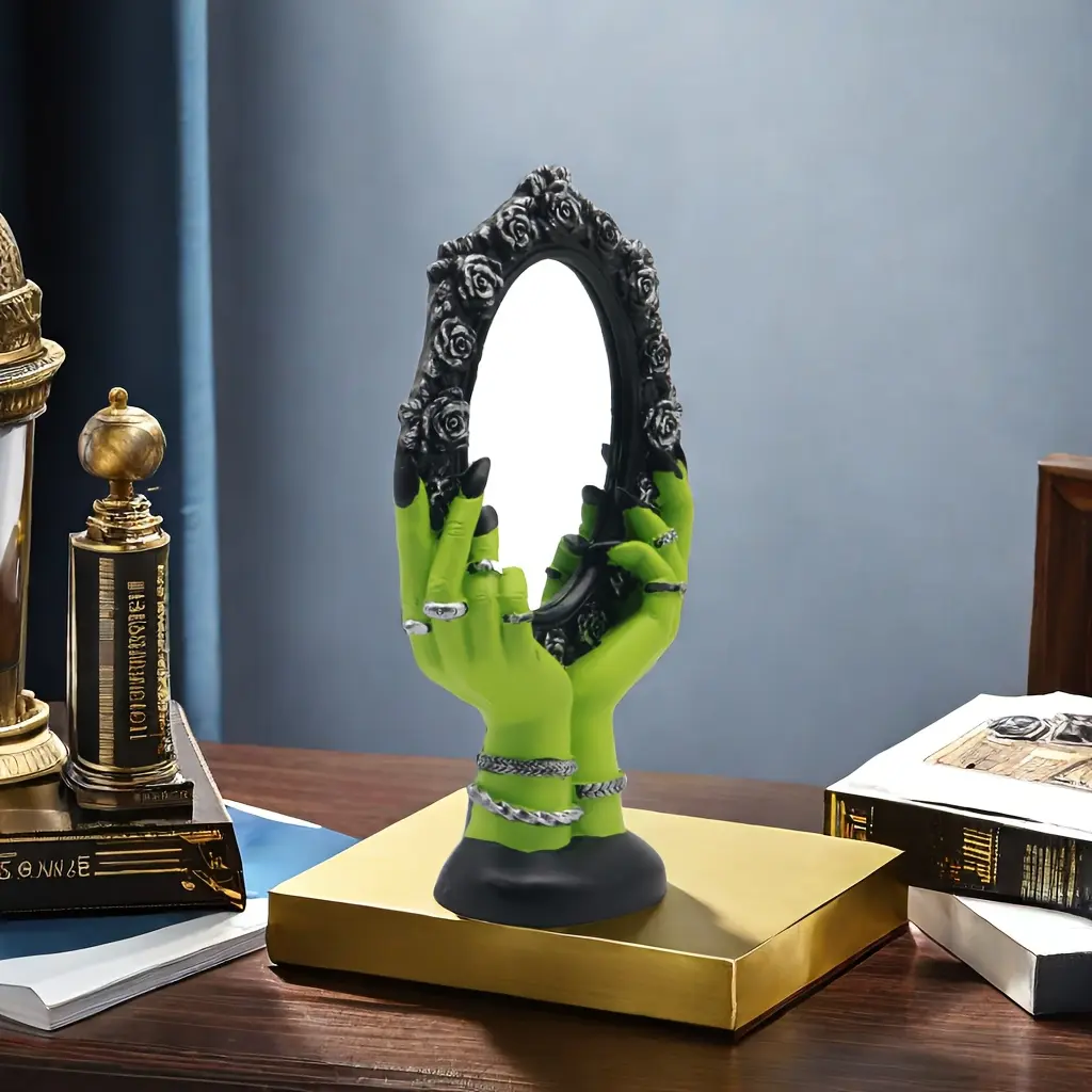 Modern Vampire Hand Mirror Resin Glass Statue - Whimsical Horror-Theme Ornament, Halloween Display, Home Decor, Modern Decorations