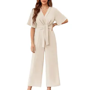 FMEYOA Womens Wide Leg Jumpsuits Short Sleeve V Neck Tie Knot High Waist Summer Long Romper