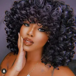 Big Bouncy Fluffy Curly Wig Synthetic Heat-Resistant with Bangs For Women Black 14 Inch Chemical Fiber Wig with Bangs Ideal for Daily Wear Easy to Put On and Beginner-Friendly
