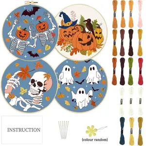4counts autumn themed embroidery DIY handmade item making kit with skull, fallen leaves, and joyful pumpkin head patterns, including 1 embroidery hoop, suitable for adult beginners and sewing enthusiasts, unique Halloween party decorations, Diy Kits