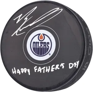 Evan Bouchard Edmonton Oilers Autographed Hockey Puck with "Happy Father's Day!" Inscription - NHL Auctions Exclusive - Fanatics Authentic Certified