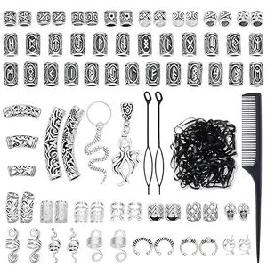 247PCS Vikings Hair Jewelry Norse Runes Tube Beads, Metal Clips Cuffs Rings, Accessories for Braids Dreadlocks Beads for Braiding Beard Decoration Bracelets Pendant Necklace DIY
