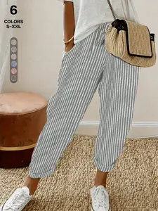 2026 Spring Summer Women's Striped Linen Cropped Pants, Elastic Waist Drawstring Casual Trousers, Loose Fit High Waist Ankle Pants with Pockets for Beach & Daily