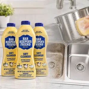Bar Keepers Friend Soft All-Purpose Cleaner, rust stains, mineral deposits, hard water spots, soap scum, stainless steel sink, porcelain sink, ceramic tile, shower door, bathtub, toilet bowl, cookware, stovetop, kitchen grease, bathroom grime, non bleach