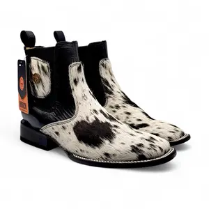 Hooch Boots| Original cowhide leather ankle boots with hair wide square toe black color