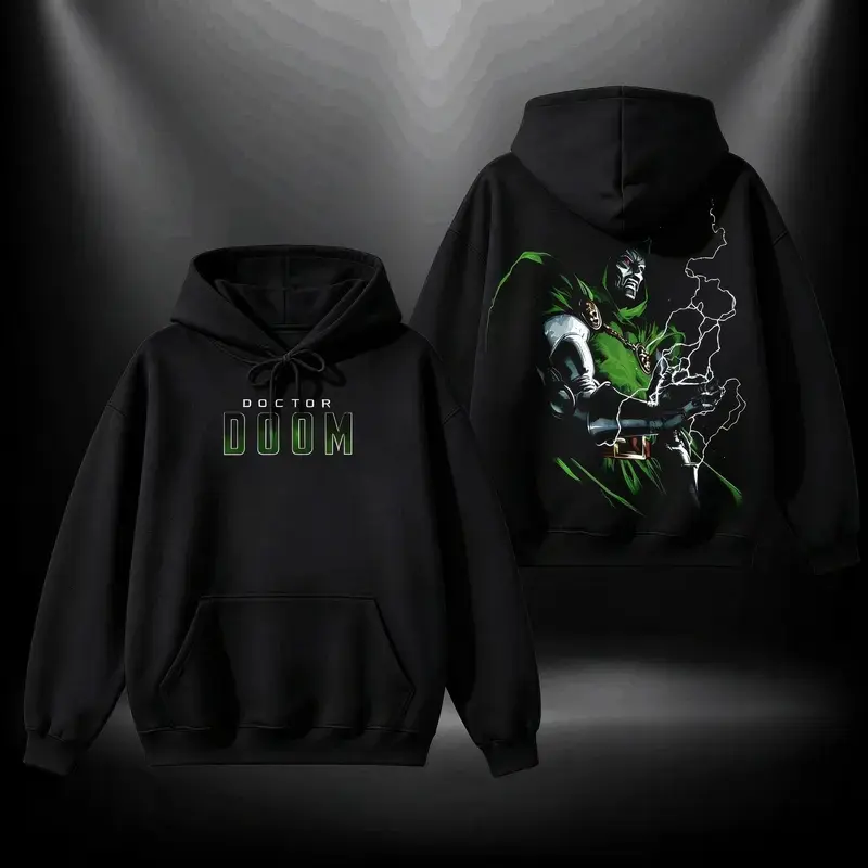 Doctor Doom Graphic Pullover Hoodie Black Oversized Sweatshirt Men Women Unisex Y2K Streetwear Pop Culture Comic Villain Merch Fall Winter Cozy TikTok Viral Outfit Edgy Geek Aesthetic Casual Daily Wear Epic Fan Gifts Trendy Retro Fits Style 2026
