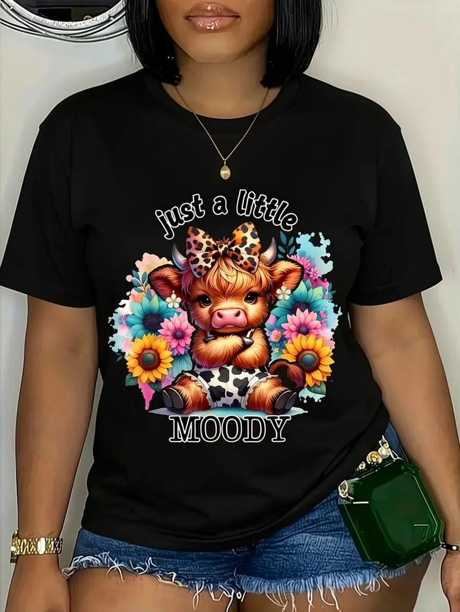 Women's 100% Pure Cotton Soft Customized Street Casual T-Shirt - Short-Sleeve, Round Neck, Knitted, Graphics, Breathable Fabric, 'Just A Little Moody' Highland Cow Art & Sunflower Print Sporty Chic Top