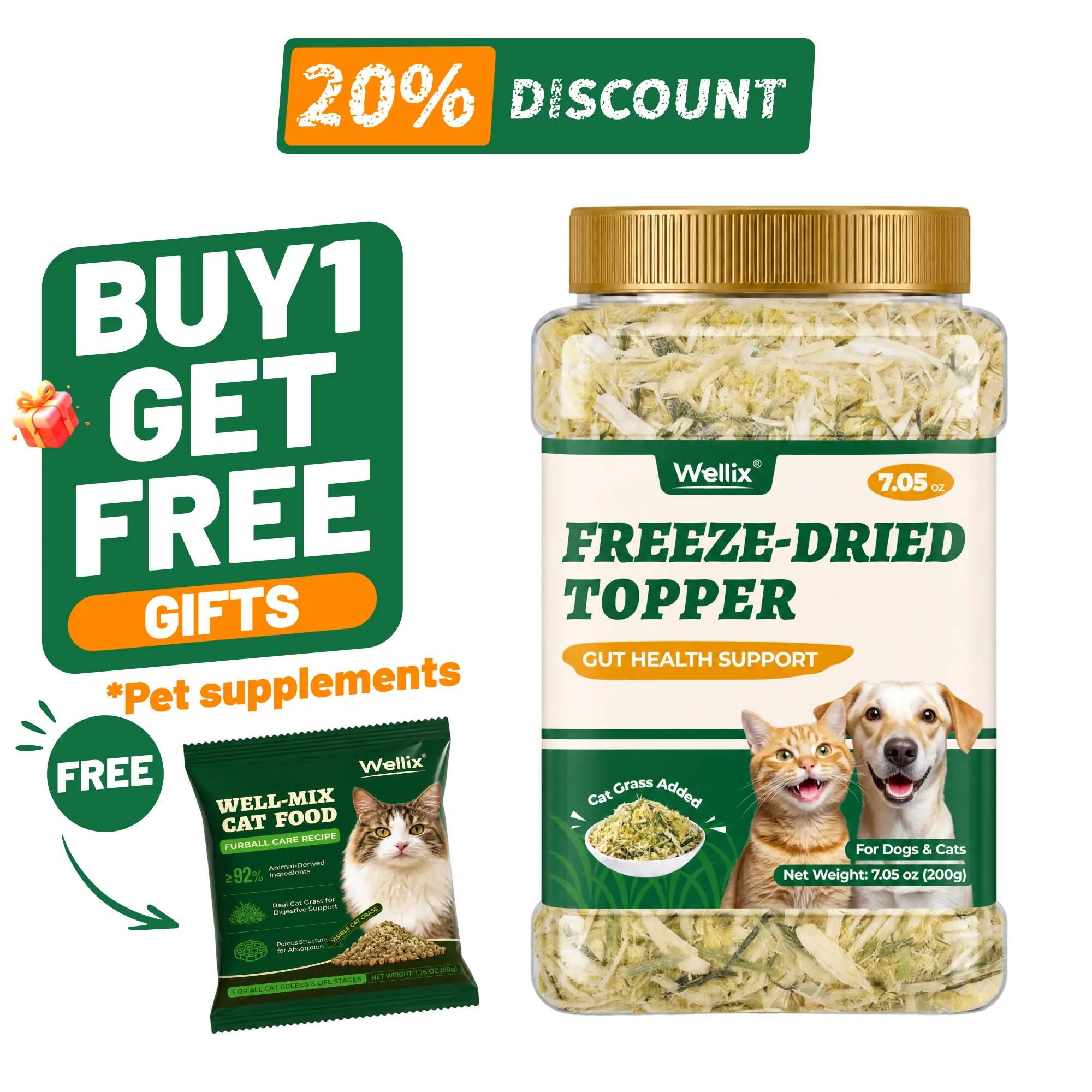 Wellix Dog&Cat Food Topper - Cat Grass Treats for Haiball Treament - Chicken Flavor Freeze Dried Cat Treats - Low Calorie Training Treats for Dogs&Cat 7.5oz