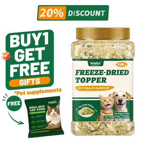 Wellix Dog&Cat Food Topper - Cat Grass Treats for Hairball Treament - Chicken Flavor Freeze Dried Cat Treats - Low Calorie Training Treats for Dogs&Cat 7.5oz,#sohochic familyfun