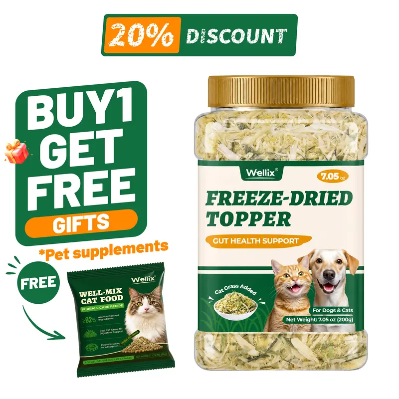 Wellix Dog&Cat Food Topper - Cat Grass Treats for Hairball Treament - Chicken Flavor Freeze Dried Cat Treats - Low Calorie Training Treats for Dogs&Cat 7.5oz,#sohochic familyfun