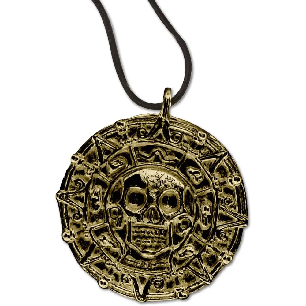 Antique Pirate Coin Necklace, Unisex Skull Medallion in Durable Alloy Metal with Worn Gold Finish - Cosplay Jewelry for Fantasy Lovers with Adjustable Cord, Antique Gold, Black Nylon Neck Cord, Retro, Party, Metal Coating, Pendant, Casual
