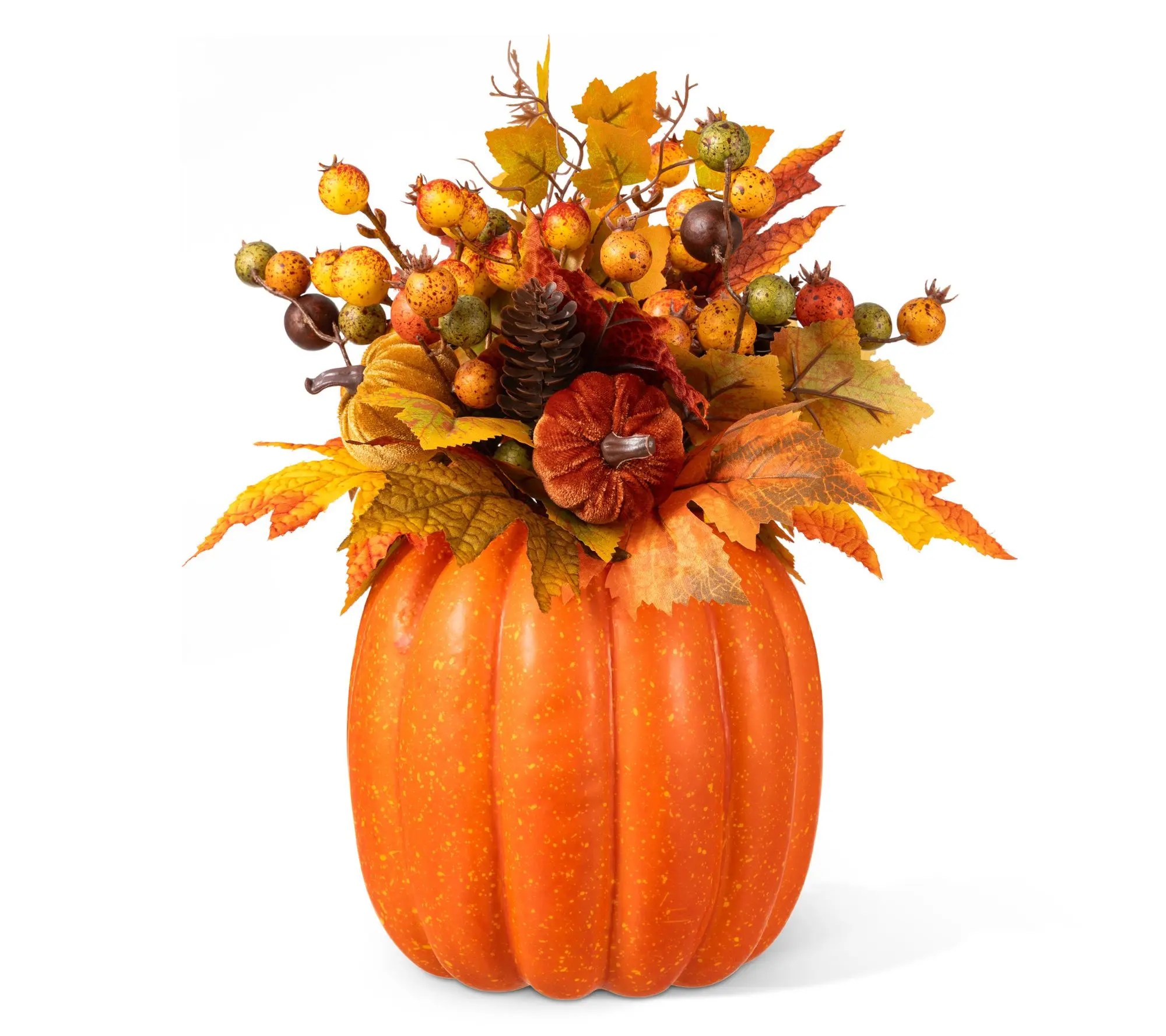 Glitzhome 15"H Fall Velvet Pumpkin Pinecone & Berry