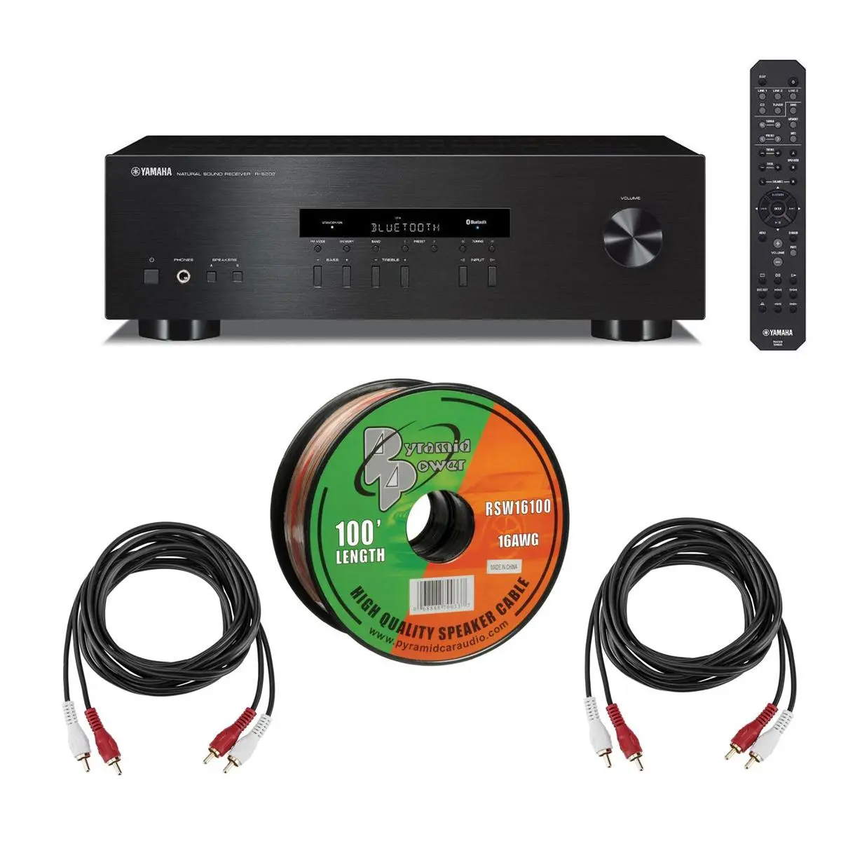 Yamaha R-S202 Bluetooth Stereo AV Receiver - Durable Aluminium Audio Device with Digital Display, FM/AM Preset Tuning, Power Management Function, Bundled with Speaker Wire, RCA Cables, Remote Control, AA Batteries, Power Transformer for Home Audio System