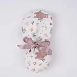 Bear & Flowers Ponytail Scrub Cap: Cotton Fabric,Buttons, Sweatband, White Surgical Hat with Brown Ribbon,Valentine's Day Gifts