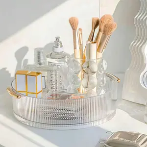 Transparent Makeup Organizer Box, Rotating Cosmetic Storage Container for Bathroom Vanity Dorm School Supplies Modern Design Durable Plastic Divided Compartments
