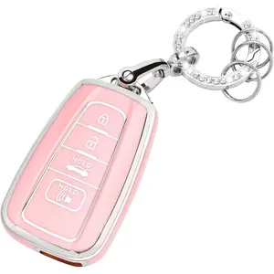 Toyota Key Fob Shell Cover Soft TPU Case Protector for 2018-2024 RAV4 Camry Avalon Corolla Highlander C-HR Prius Corolla GT86 4 Button with Bling Keychain Pink Girly Gift c-hr gt86 prius Car Key Accessory