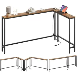 L Shaped Console Table, 78.7" Long Narrow Sofa Table, Behind Couch Entryway Table with 2 Outlets and 2 USB Ports, for Living Room, Hallway, 3 Assembly Options, Rustic Brown CT17UBR