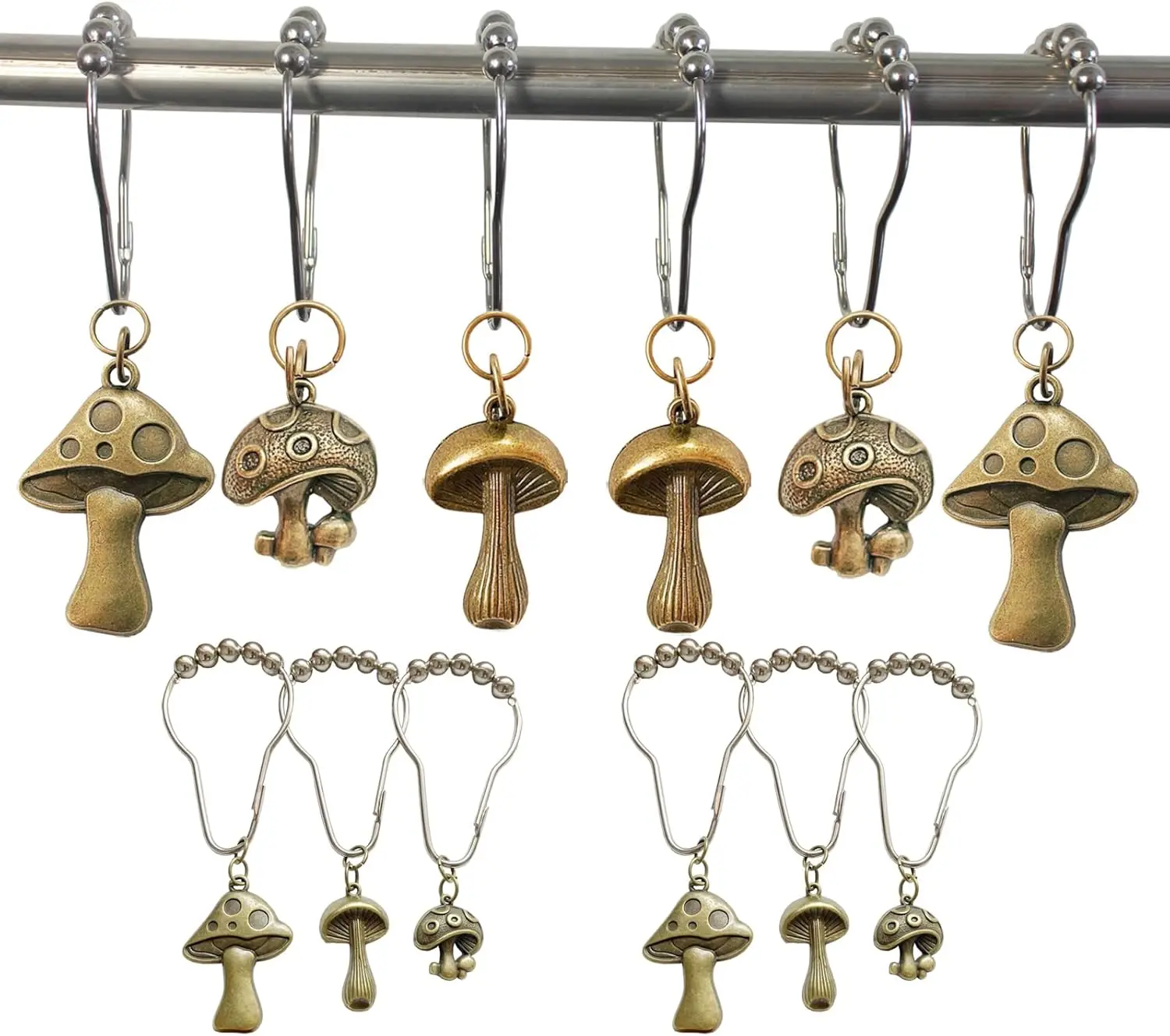 Mushroom Shower Curtain Hooks, 12 count Rustproof Metal Cute Retro Mushroom Shower Curtain Hooks Rings for Boho Fairy Forest Country Cottagecore Style Home Bathroom Decor (Bronze)