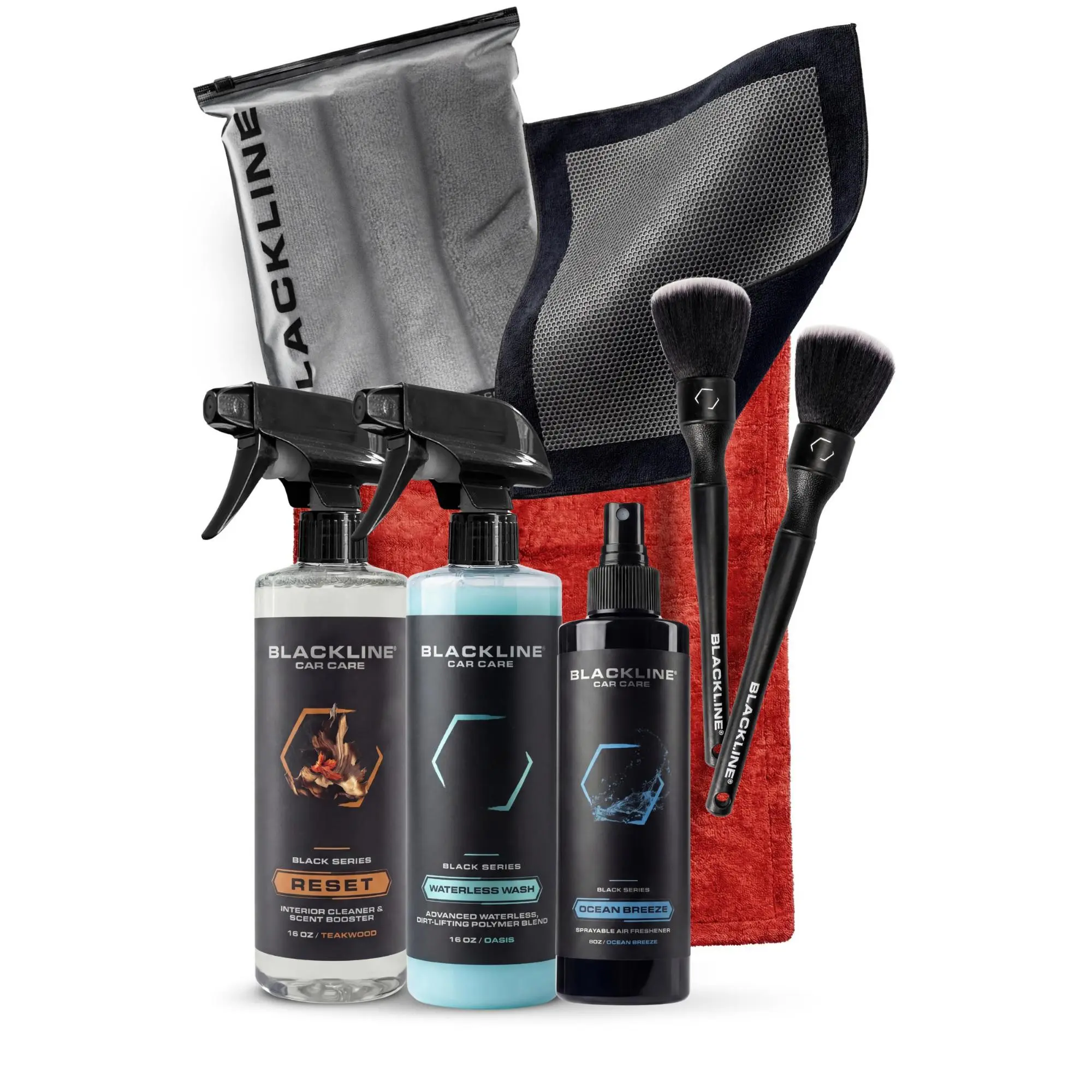 BLACKLINE FIRE RESCUE BUNDLE - Includes viral crimson drying towel, clay towel, teakwood reset, waterless wash, ocean breeze air freshener and a microfiber 3 pack