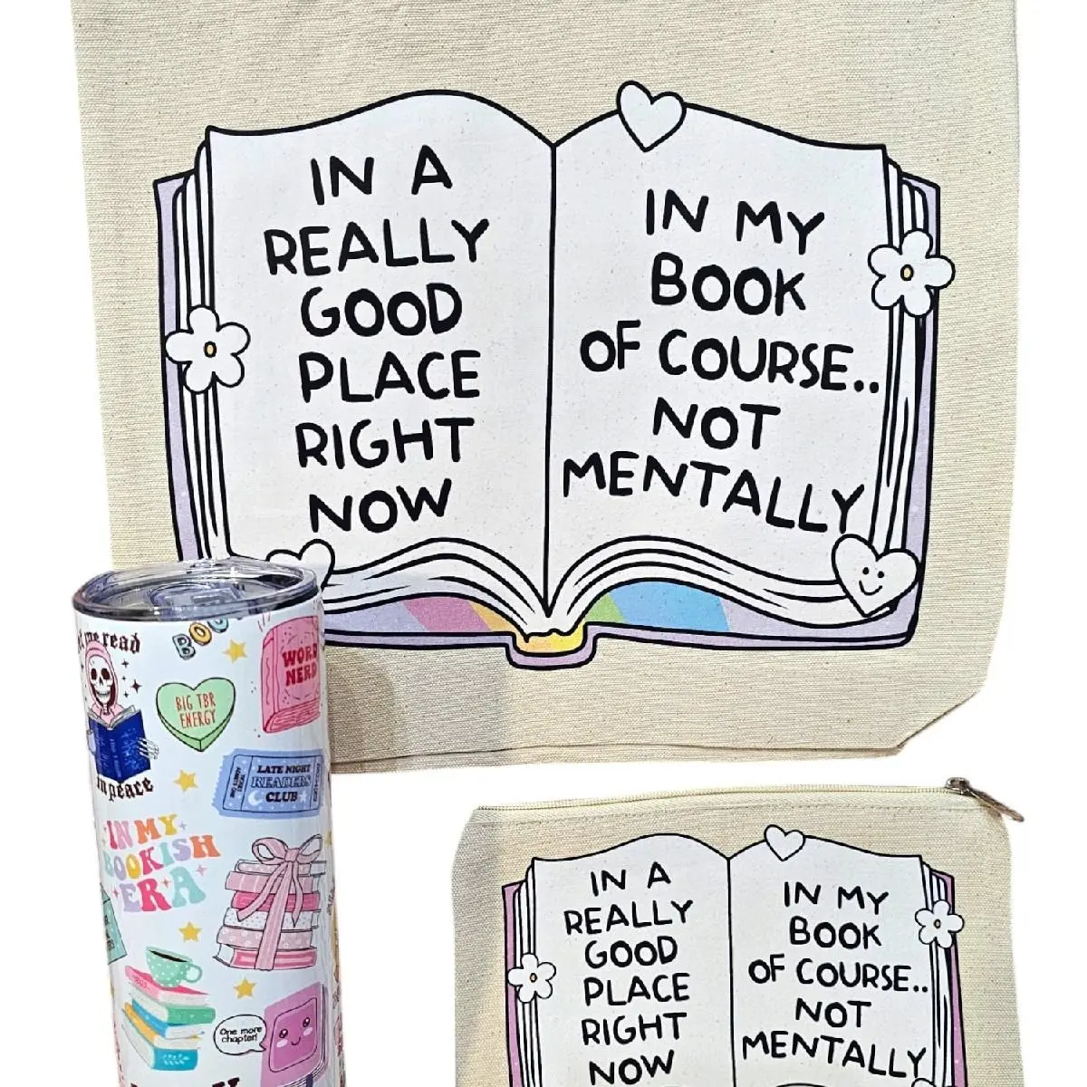 Women's Graphic Canvas Tote Bag Tote Purse Bundle - Basic, Casual, Cute, Machine Washable, Double-Handle Lightweight Design with Matching Pouch & 20oz Stainless Steel Tumbler Market Tote Exquisite Tote Bag