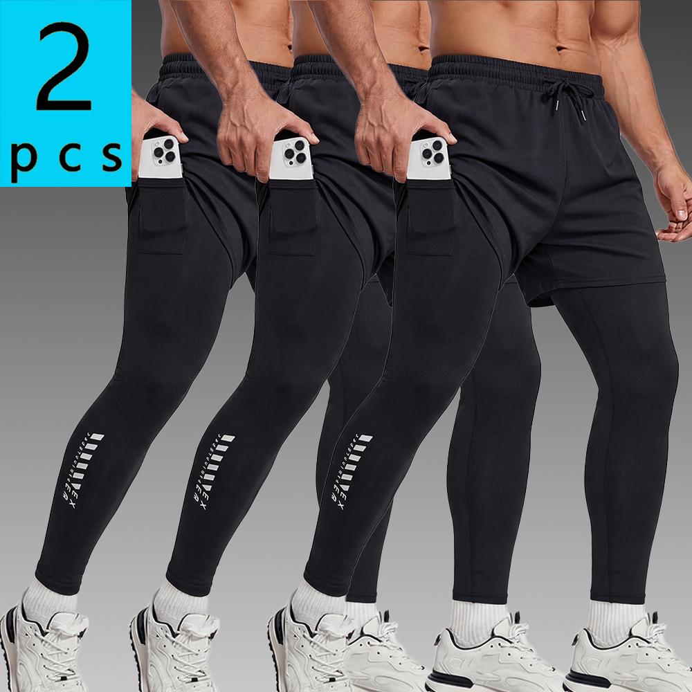 3-pack, 2-in-1 men’s athletic pants for summer—faux two-piece design with letter print running/fitness long pants featuring a  pocket; lightweight and comfortable; suitable for spring/summer everyday outdoor training and jogging; built-in phone pocket