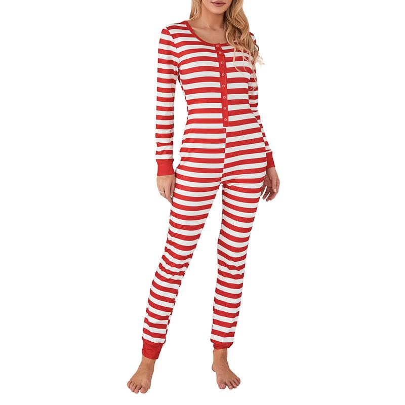 Woman's Christmas Stripe  Pajamas Sexy Round Neck Long SleeveElastic Jumpsuit, Daily Life and Holiday Womenswear Loungewear