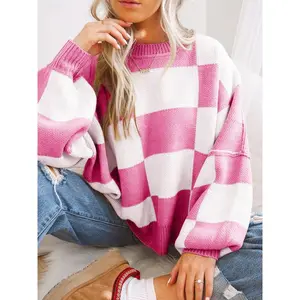 Women's Fitted Plaid Bishop Long-Sleeve Knitting Pullover, Casual Fall-Winter Lady's Top, Drop-Shoulder Knitwear Sweatshirt