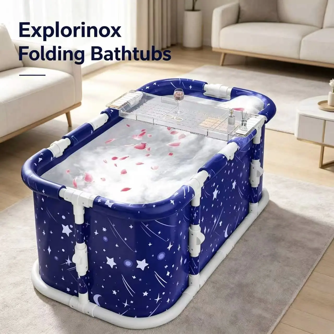 Explorinox (45.28*23.6*19.68in) Foldable Portable Bathtub, Large Collapsible Bath Tub with Frame for Home Use, Starry Blue Design