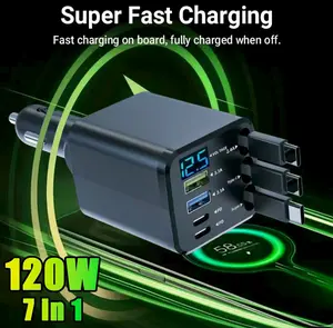 7 in 1 120W Intelligent Charging Car Charger for Cars, Vehicle Accessories, Auto Accessories - Retractable Cables, LED Voltage Display, 3.1A Multi-Port USB Charger Compatible with iPhone, Type-C & All Devices